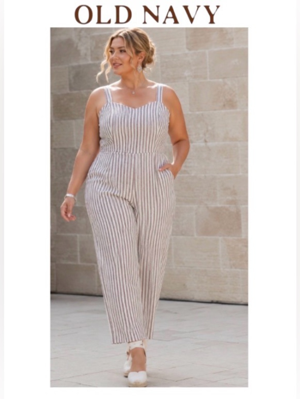 3X Old Navy Plus Linen Blend Striped Jumpsuit in Earth Brown Stripe